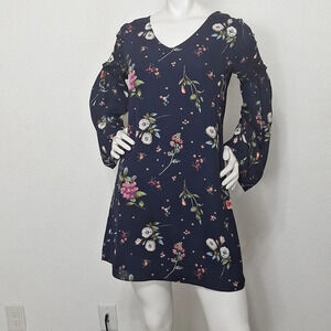 Charming Charlie Bohemian Navy Blue Floral Hippie Bell Sleeve Boho Mini Dress *S